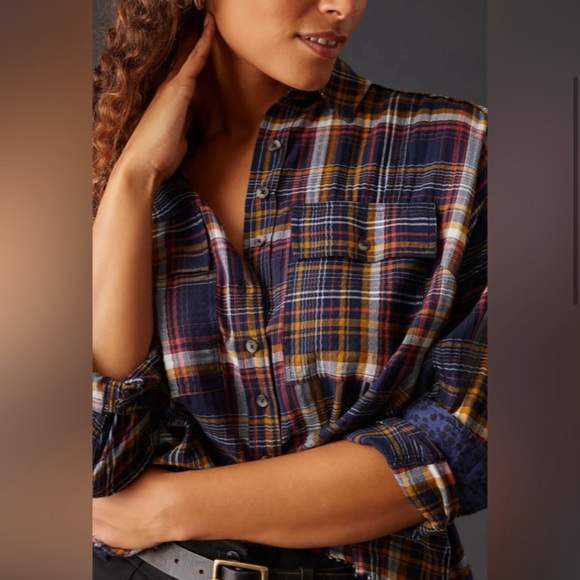 Anthropologie Pilcro Cropped Plaid Button-Down Shirt Top Blue Small Oversized - Picture 16 of 16